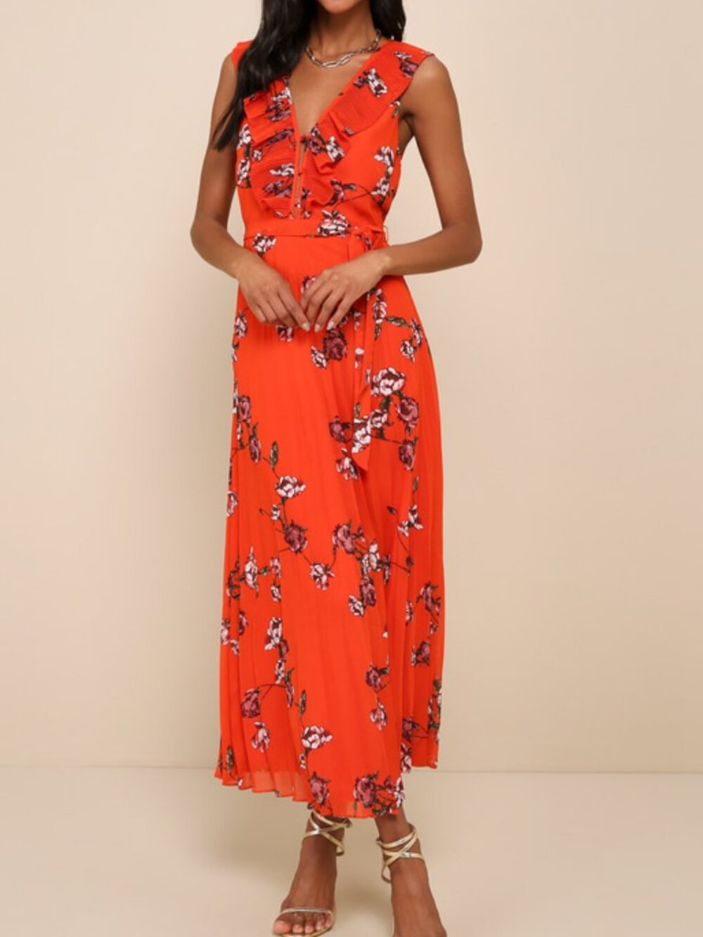 Lulus Loved By You Red Orange Floral Print Pleated Chiffon Maxi Dress - Size L